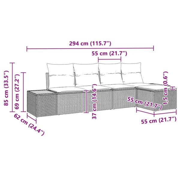 5-teiliges Garten Sofa Set mit Kissen Grau Poly Rattan Akazie