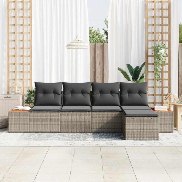 5-teiliges Garten Sofa Set mit Kissen Grau Poly Rattan Akazie