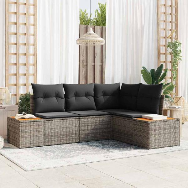 ARDEBO.de - 4-teiliges Garten-Sofa-Set mit Kissen in Grau aus Poly-Rattan und Akazie