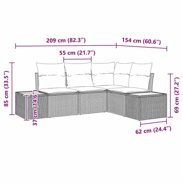 4-teiliges Garten-Sofa-Set mit Kissen in Grau aus Poly-Rattan und Akazie