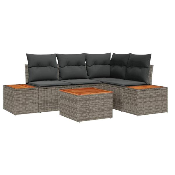 5-teiliges Garten-Sofa-Set mit Kissen Grau Poly-Rattan Akazie