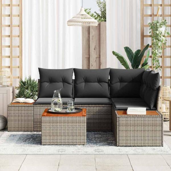 5-teiliges Garten-Sofa-Set mit Kissen Grau Poly-Rattan Akazie