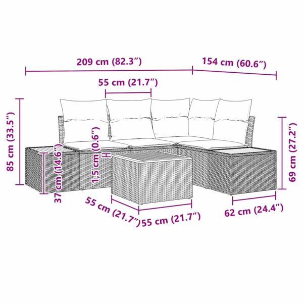 5-teiliges Garten-Sofa-Set mit Kissen Grau Poly-Rattan Akazie