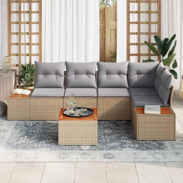 6-teiliges Garten Sofa Set mit Kissen Beige Poly Rattan Akazie