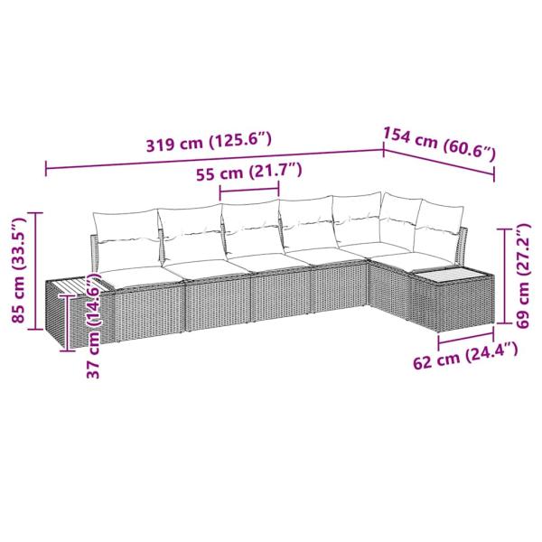 6-teiliges Garten Sofa Set mit Kissen Grau Poly Rattan Akazie