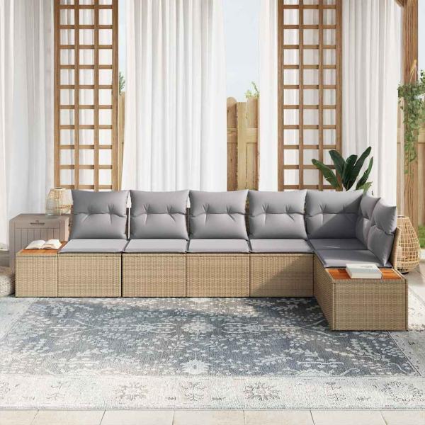 6-teilige Garten Sofa Set mit Kissen Beige Poly Rattan Akazie