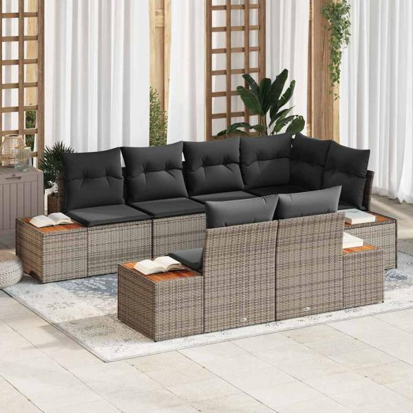 ARDEBO.de - 7-teiliges Garten-Sofa-Set mit Kissen Grau Poly Rattan Akazie