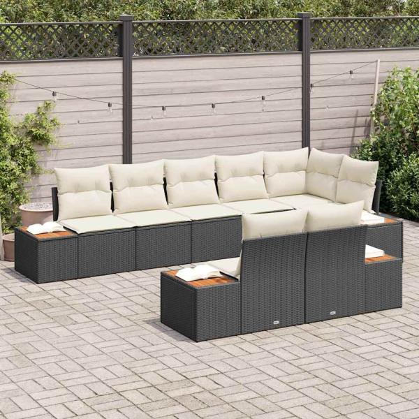 8-teiliges Garten Sofa Set mit Kissen Schwarz Poly Rattan Akazie