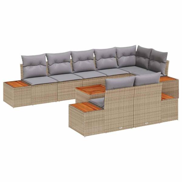 9-teiliges Garten Sofa Set mit Kissen Beige Poly Rattan Akazie