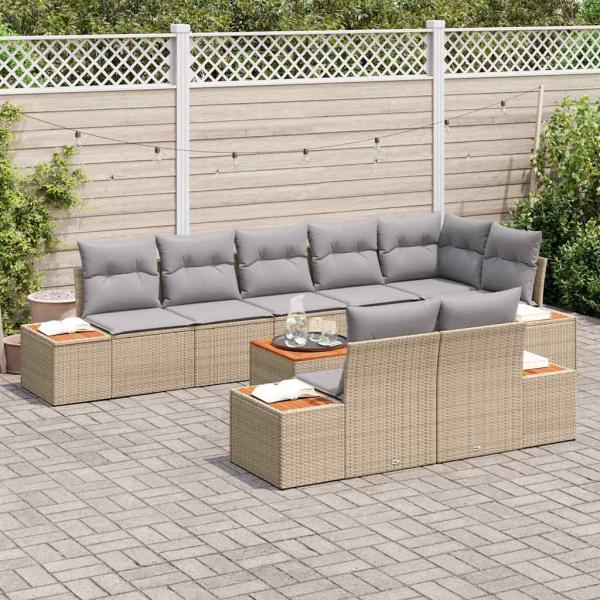 9-teiliges Garten Sofa Set mit Kissen Beige Poly Rattan Akazie