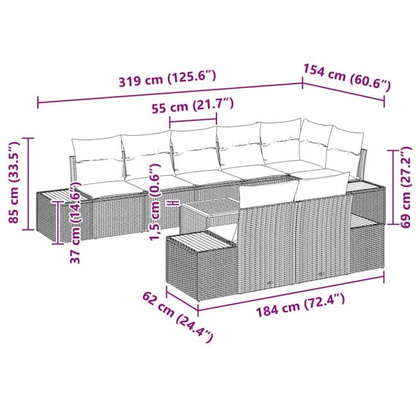 9-teiliges Garten Sofa Set mit Kissen Beige Poly Rattan Akazie