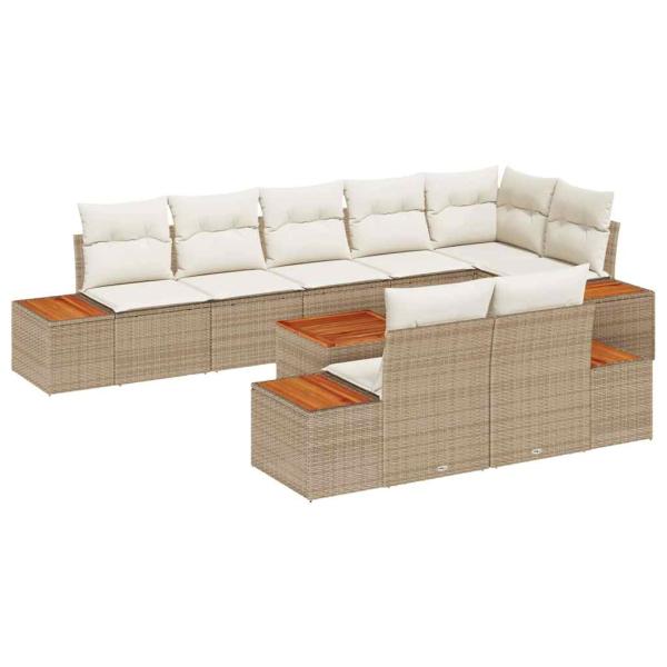 9-teiliges Garten-Sofa-Set mit Kissen Beige Poly-Rattan Akazie