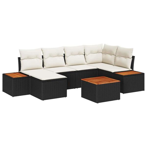 7-teiliges Garten Sofa Set mit Kissen Schwarz Poly Rattan Akazie