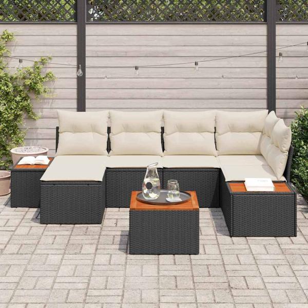 7-teiliges Garten Sofa Set mit Kissen Schwarz Poly Rattan Akazie