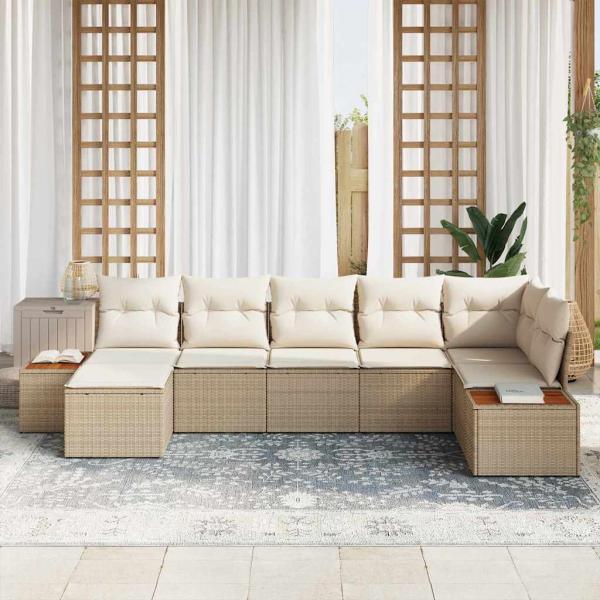 7-teiliges Garten Sofa Set mit Kissen Beige Poly Rattan Akazie
