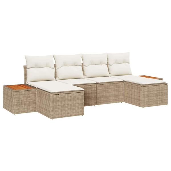6-teiliges Garten Sofa Set mit Kissen Beige Poly Rattan Akazie