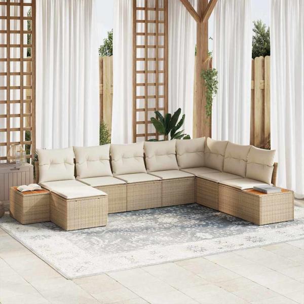 ARDEBO.de - 8-teiliges Garten Sofa Set mit Kissen Beige Poly Rattan Akazie