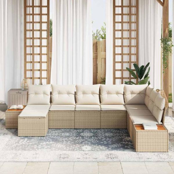 8-teiliges Garten Sofa Set mit Kissen Beige Poly Rattan Akazie