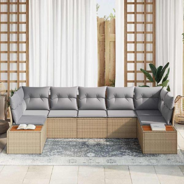 7-teiliges Garten-Sofaset mit Kissen Beige Poly-Rattan Akazie
