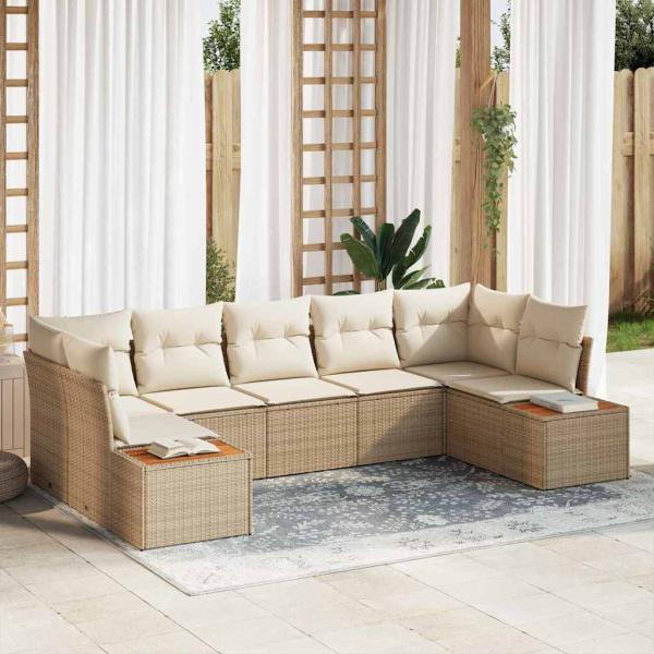 ARDEBO.de - 7-teiliges Gartensofa Set mit Kissen Beige Poly Rattan Akazie