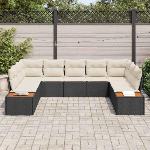 ARDEBO.de - 9-teiliges Garten Sofa Set mit Kissen Schwarz Poly Rattan Akazie