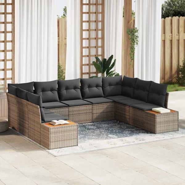 ARDEBO.de - 9-teiliges Garten Sofa Set mit Kissen Grau Poly Rattan Akazie