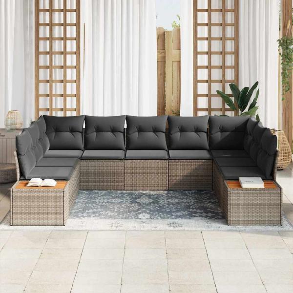 9-teiliges Garten Sofa Set mit Kissen Grau Poly Rattan Akazie