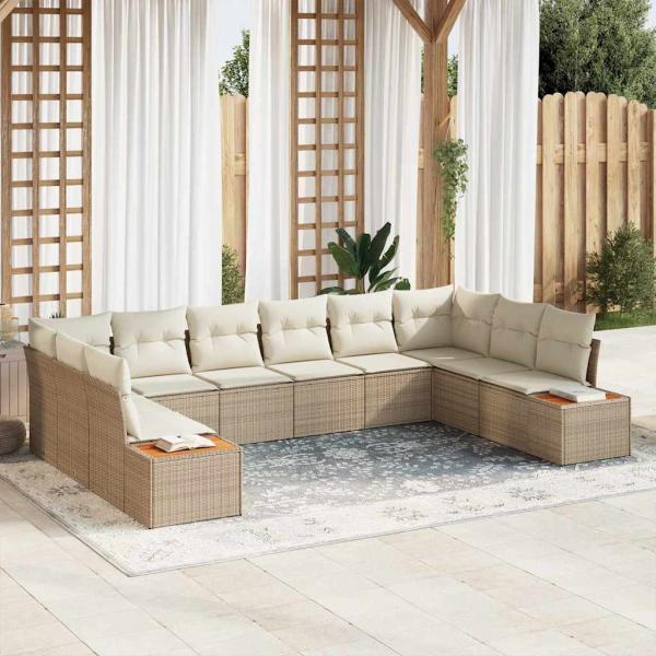 ARDEBO.de - 10-teiliges Garten Sofa Set mit Kissen Beige Poly Rattan Akazie