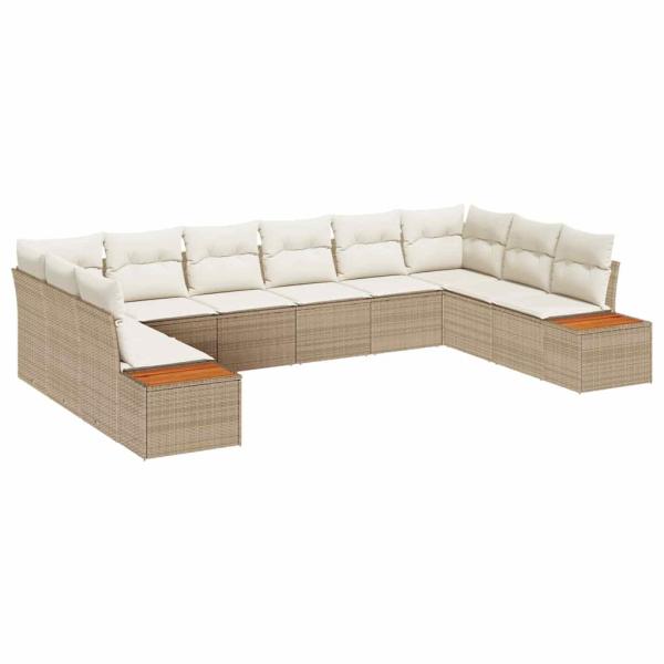 10-teiliges Garten Sofa Set mit Kissen Beige Poly Rattan Akazie