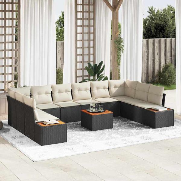 ARDEBO.de - 11-teiliges Gartensofa Set mit Kissen Schwarz Poly-Rattan Akazie