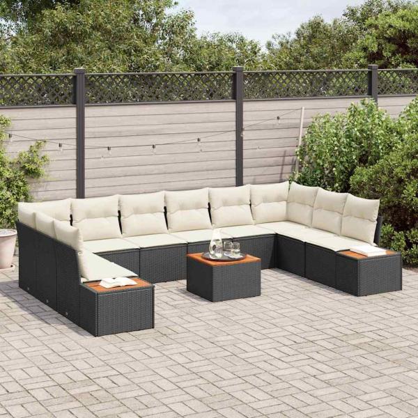 11-teiliges Gartensofa Set mit Kissen Schwarz Poly-Rattan Akazie