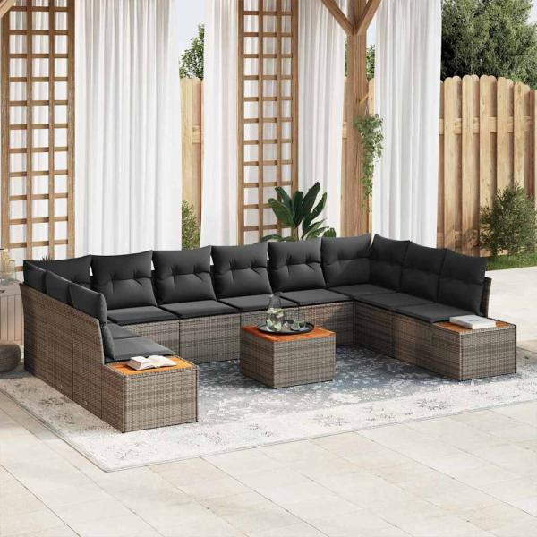 ARDEBO.de - 11-teiliges Garten Sofa Set mit Kissen Grau Poly Rattan Akazie