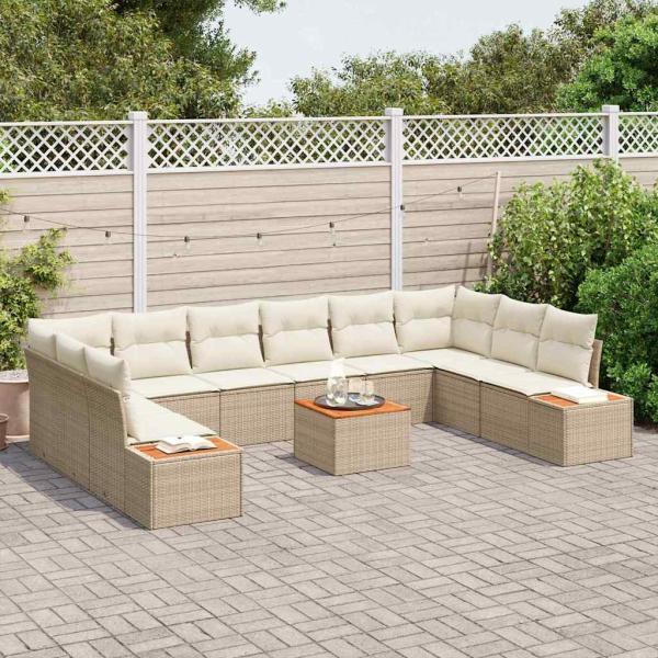 11-teiliges Garten-Sofa-Set mit Kissen Beige Poly Rattan Akazie