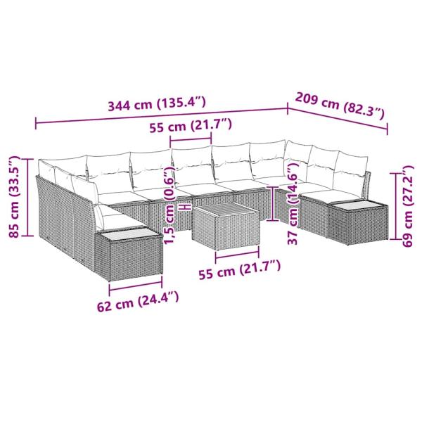 11-teiliges Garten-Sofa-Set mit Kissen Beige Poly Rattan Akazie