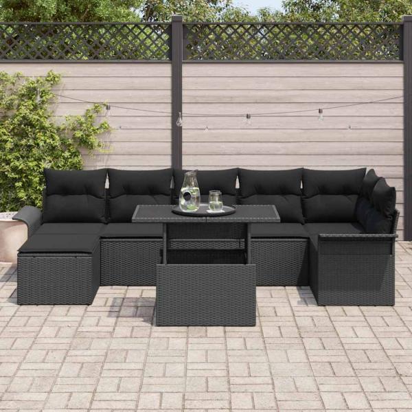 8-teiliges Garten-Sofa-Set mit Kissen Schwarz Poly Rattan