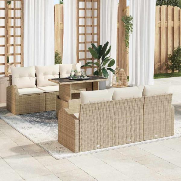 ARDEBO.de - 7 teiliges Garten Sofaset mit Kissen Beige Poly Rattan