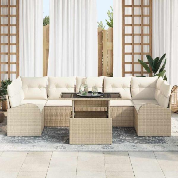 8-teilige Garten Sofaset mit Kissen Beige Poly Rattan