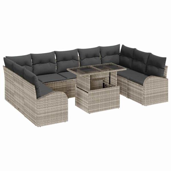 10-teiliges Garten-Sofa-Set mit Kissen Hellgraues Poly-Rattan