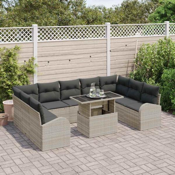 10-teiliges Garten-Sofa-Set mit Kissen Hellgraues Poly-Rattan