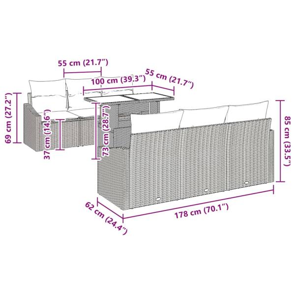 7-teiliges Garten Sofa Set mit Kissen in Grau und Poly Rattan
