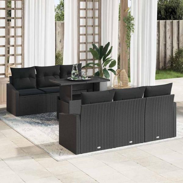 ARDEBO.de - 7-teiliges Garten-Sofa-Set mit Kissen Schwarz Poly-Rattan