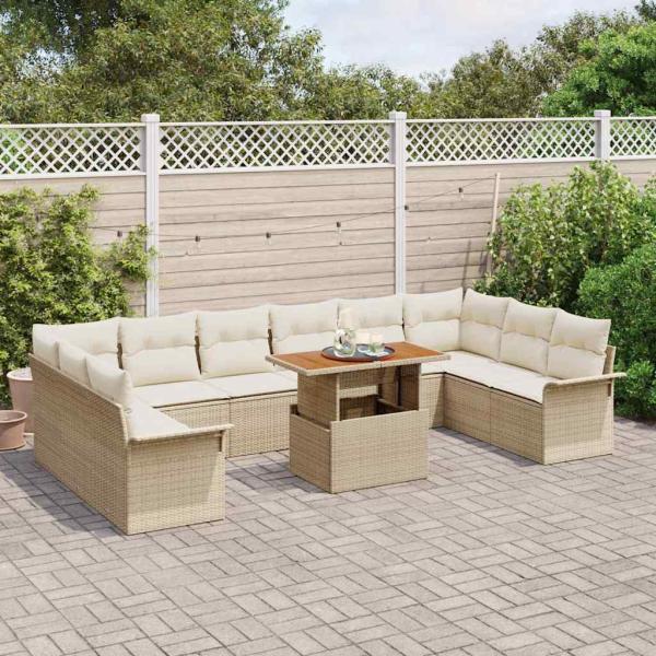 11-teiliges Garten-Esszimmer-Set mit Kissen Beige Poly Rattan Akazie