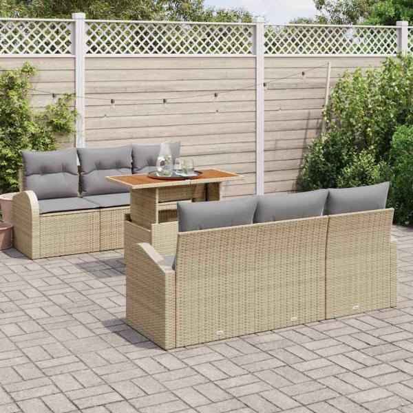 7-teiliges Garten-Essgruppen-Set mit Kissen in Beige Poly Rattan Akazie