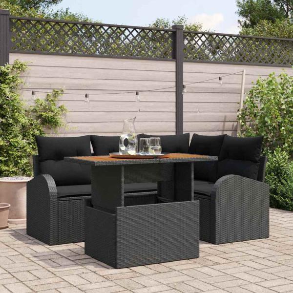 ARDEBO.de - 5-teiliges Garten-Essensemble mit Kissen Schwarz Poly-Rattan Akazie