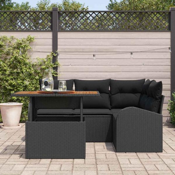 5-teiliges Garten-Essensemble mit Kissen Schwarz Poly-Rattan Akazie