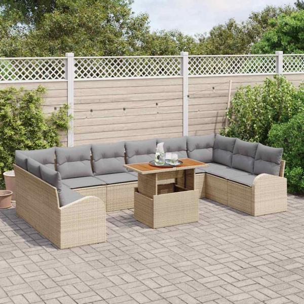 11-teiliges Garten-Esszimmer-Set mit Kissen Beiges Polyrattan Akazie