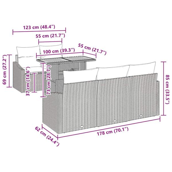 6-teiliges Garten Essset mit Kissen Grau Poly Rattan Akazie