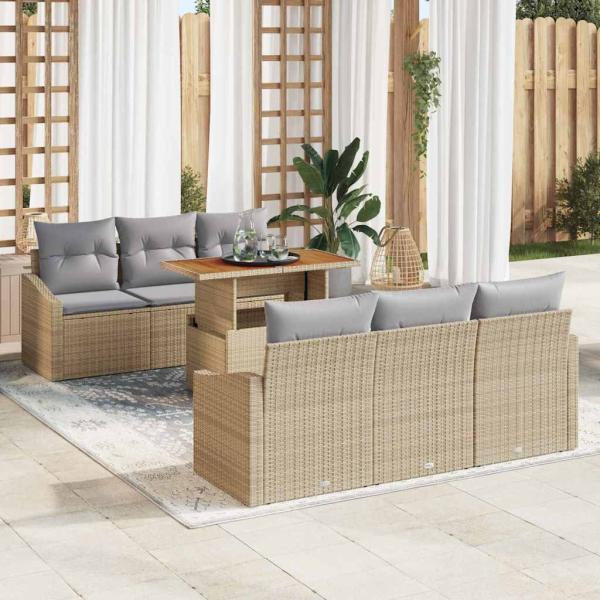 ARDEBO.de - 7-teiliges Garten Essgruppe mit Kissen Beige Poly Rattan Akazie