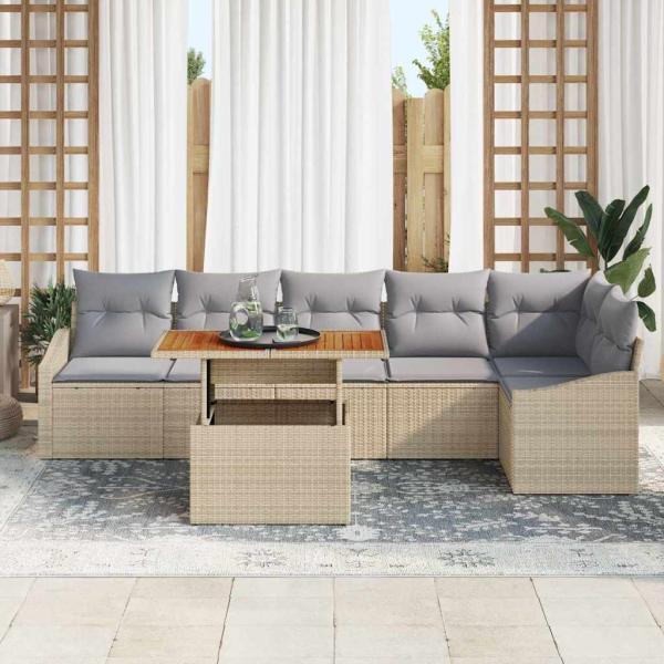 7-teiliges Garten Esszimmer Set mit Kissen Beige Poly Rattan Akazie