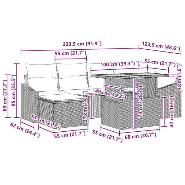 7-teiliges Garten Essgruppe mit Kissen Beige Poly Rattan Akazie